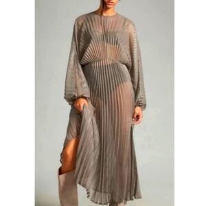 Anthropologie Kaftan Dress Pleated Sheer Gray Metallic